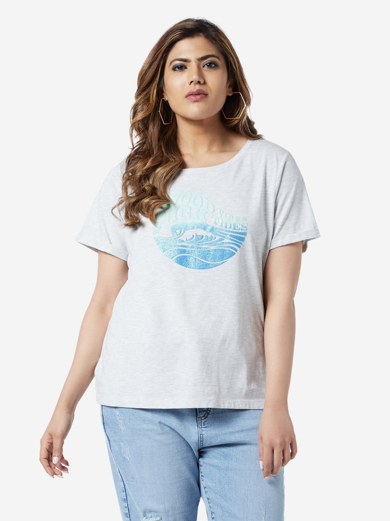 Sassy Soda Curve Grey-Melange Wave Print T-Shirt
