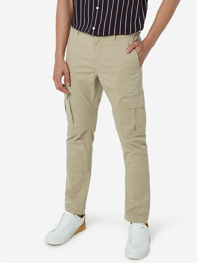 WES Casuals Beige Slim Fit Cargo Pants