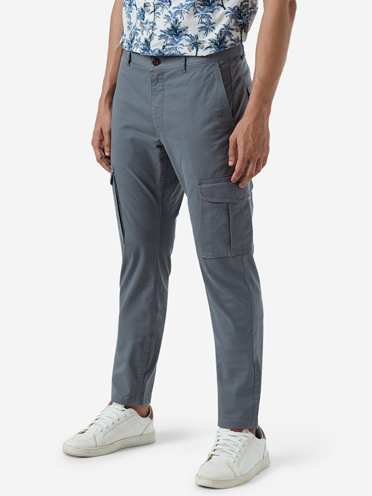 WES Casuals Grey Slim Fit Cargo Pants