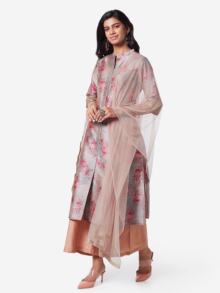 Vark Grey Floral Print Kurta And Palazzos Set