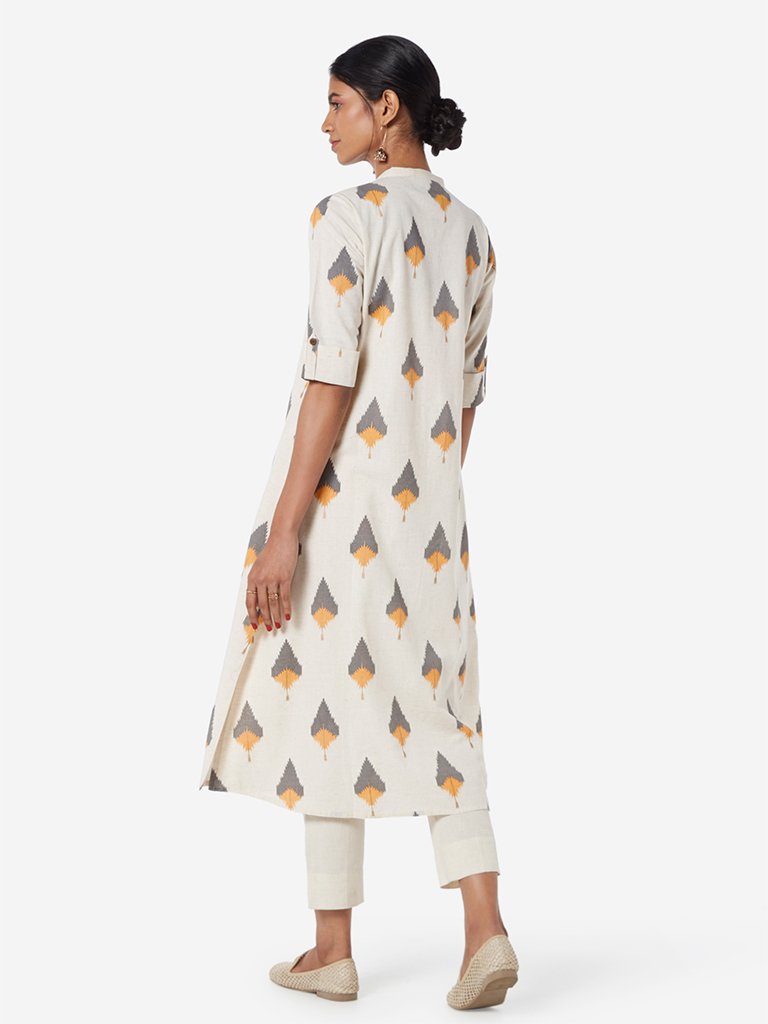 Utsa Off White Leaf Ikat Printed A-line Kurta