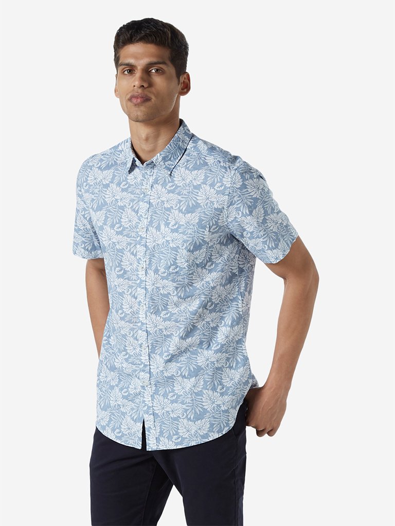 WES Casuals Light Blue Tropical Slim Fit Shirt