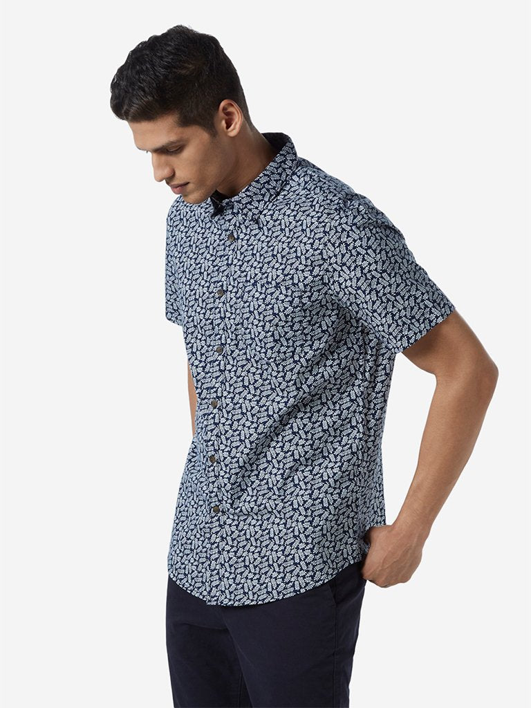 WES Casuals Navy Leaf Printed Slim Fit Shirt