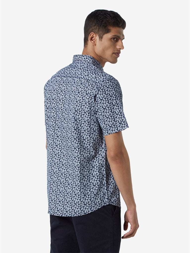 WES Casuals Navy Leaf Printed Slim Fit Shirt