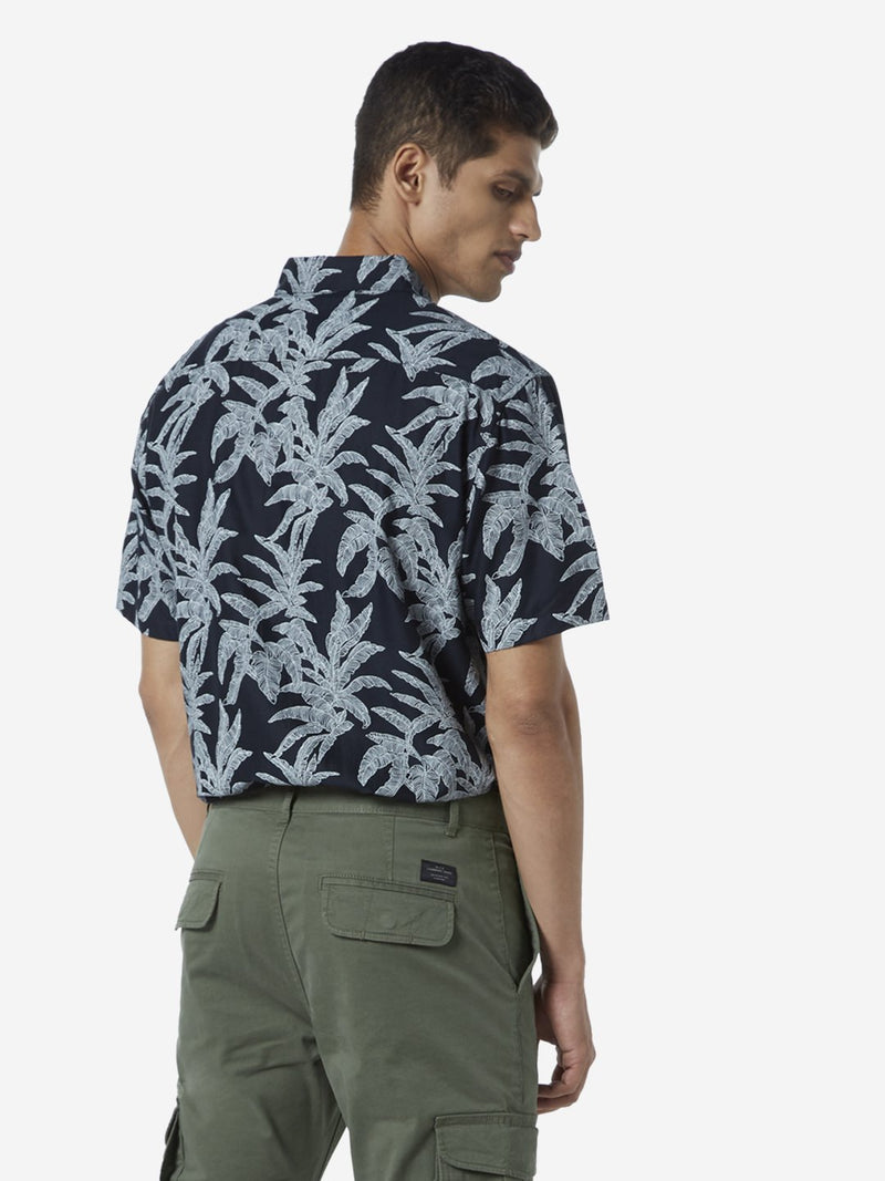 WES Casuals Black Leaf Printed Relaxed Fit Shirt
