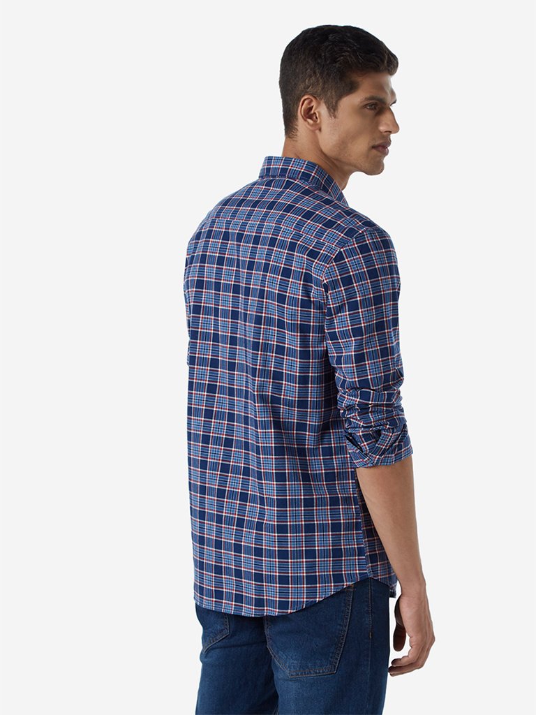 WES Casuals Navy Plaid Print Slim Fit Shirt
