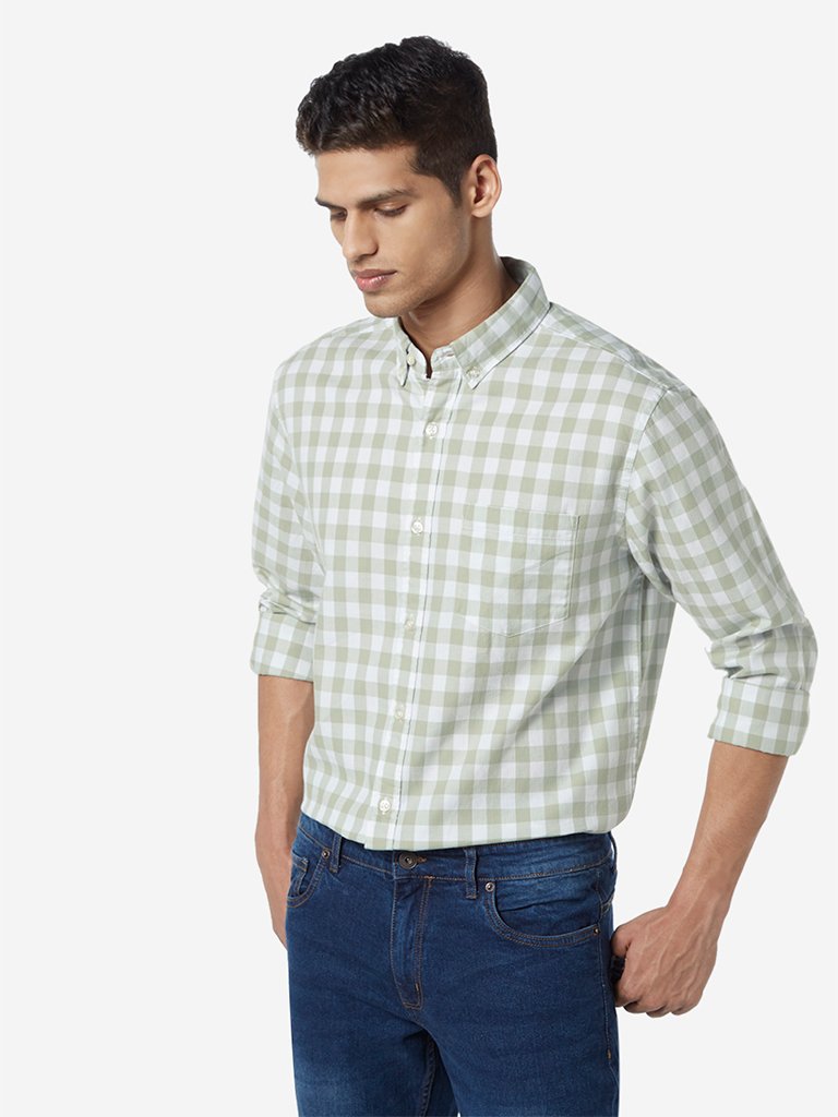 WES Casuals Sage Green Gingham Relaxed Fit Shirt