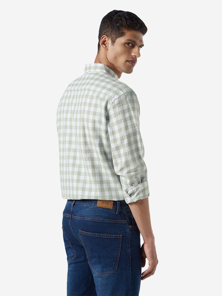 WES Casuals Sage Green Gingham Relaxed Fit Shirt