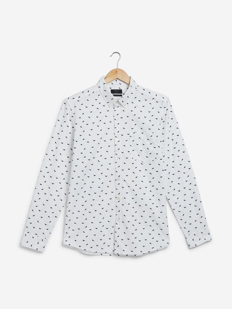 WES Casuals White Bird Printed Slim Fit Shirt
