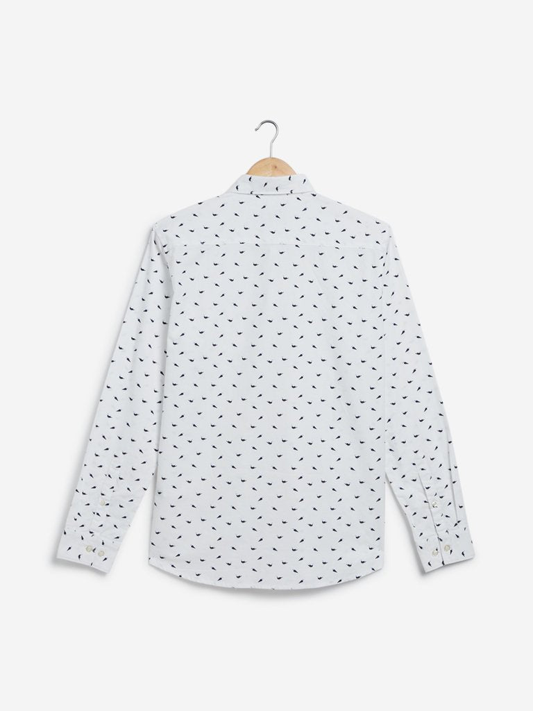 WES Casuals White Bird Printed Slim Fit Shirt