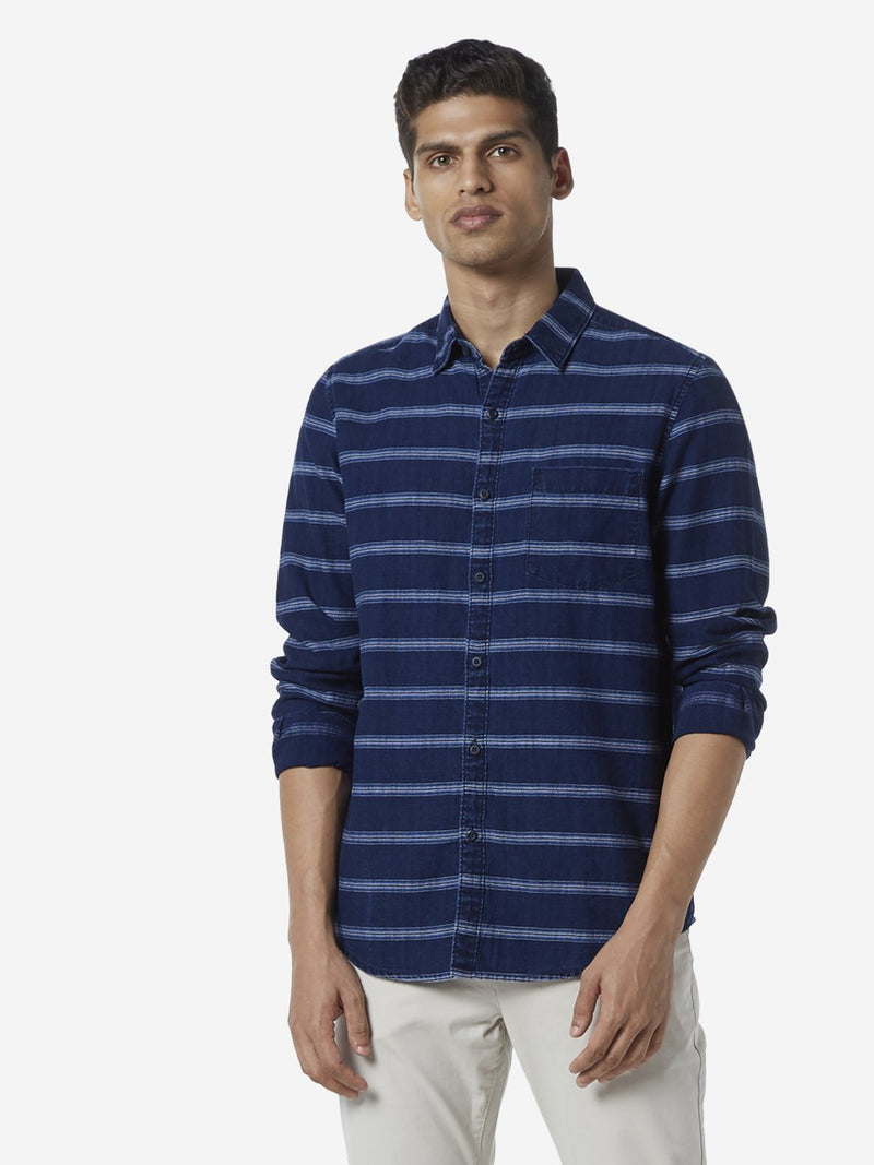 WES Casuals Indigo Striped Slim Fit Shirt
