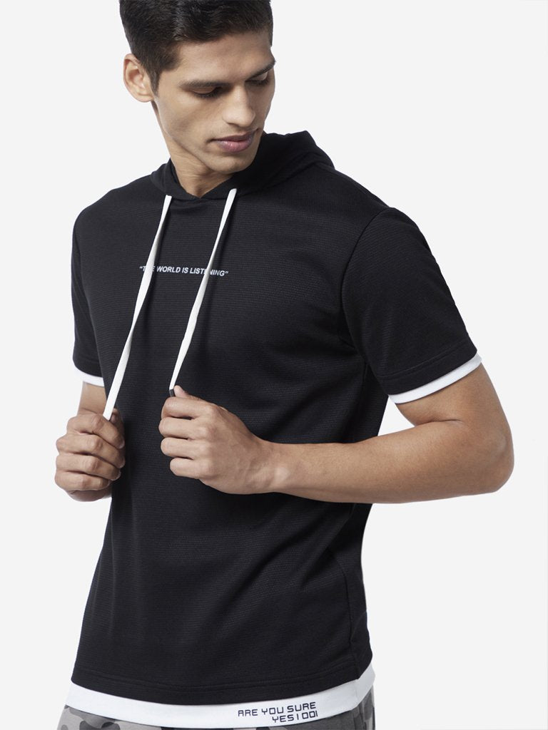 Studiofit Black Slim Fit Hooded T-Shirt