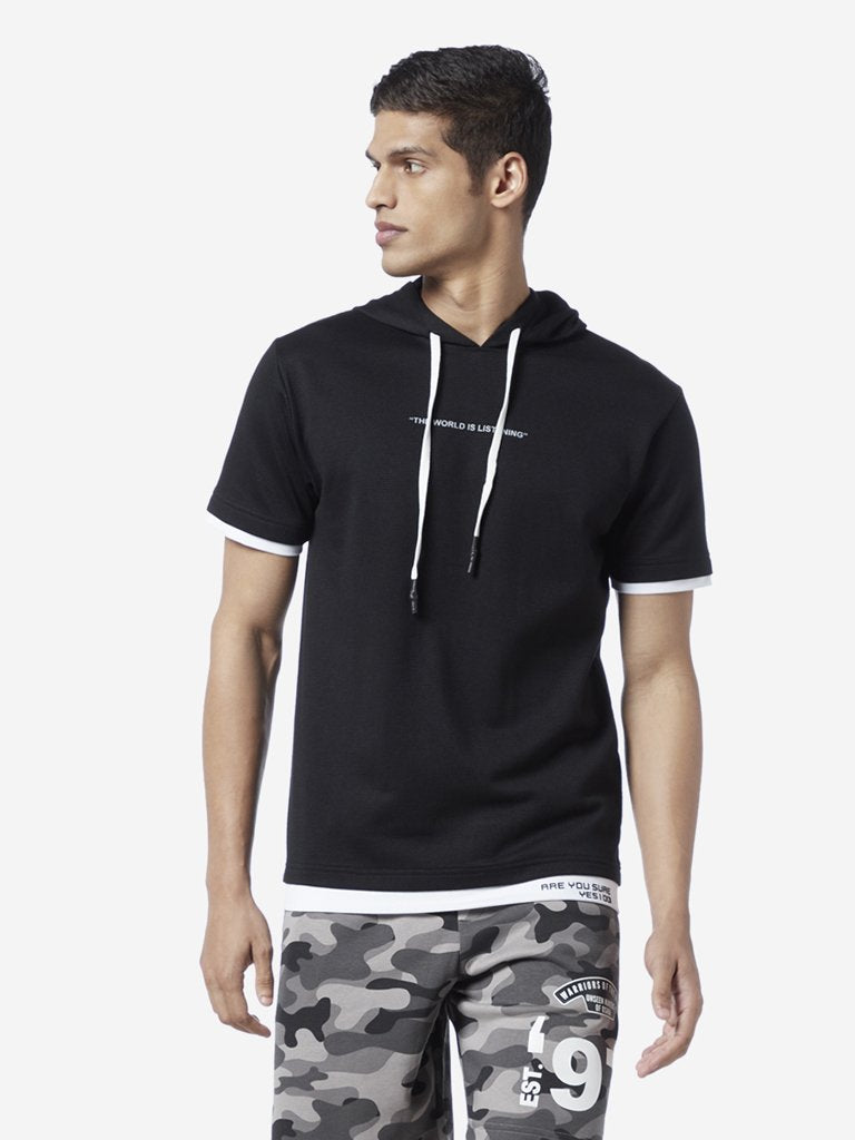 Studiofit Black Slim Fit Hooded T-Shirt