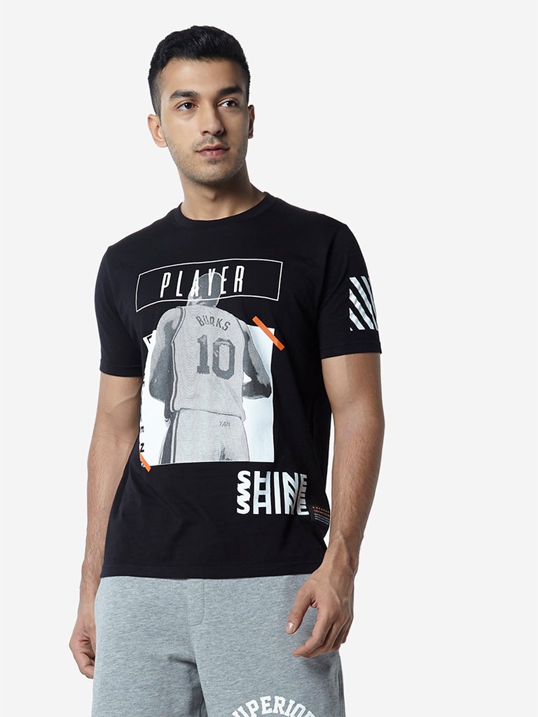 Studiofit Black Slim Fit Graphic Pattern T-Shirt