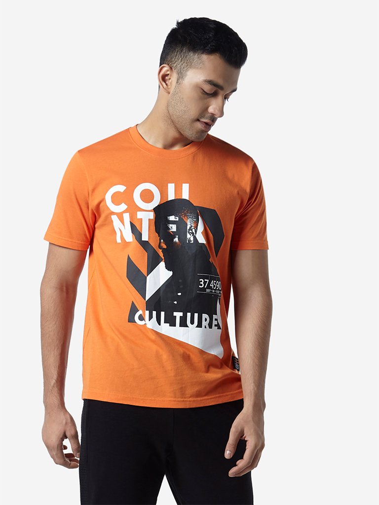 Studiofit Orange Slim-Fit Text Print T-Shirt
