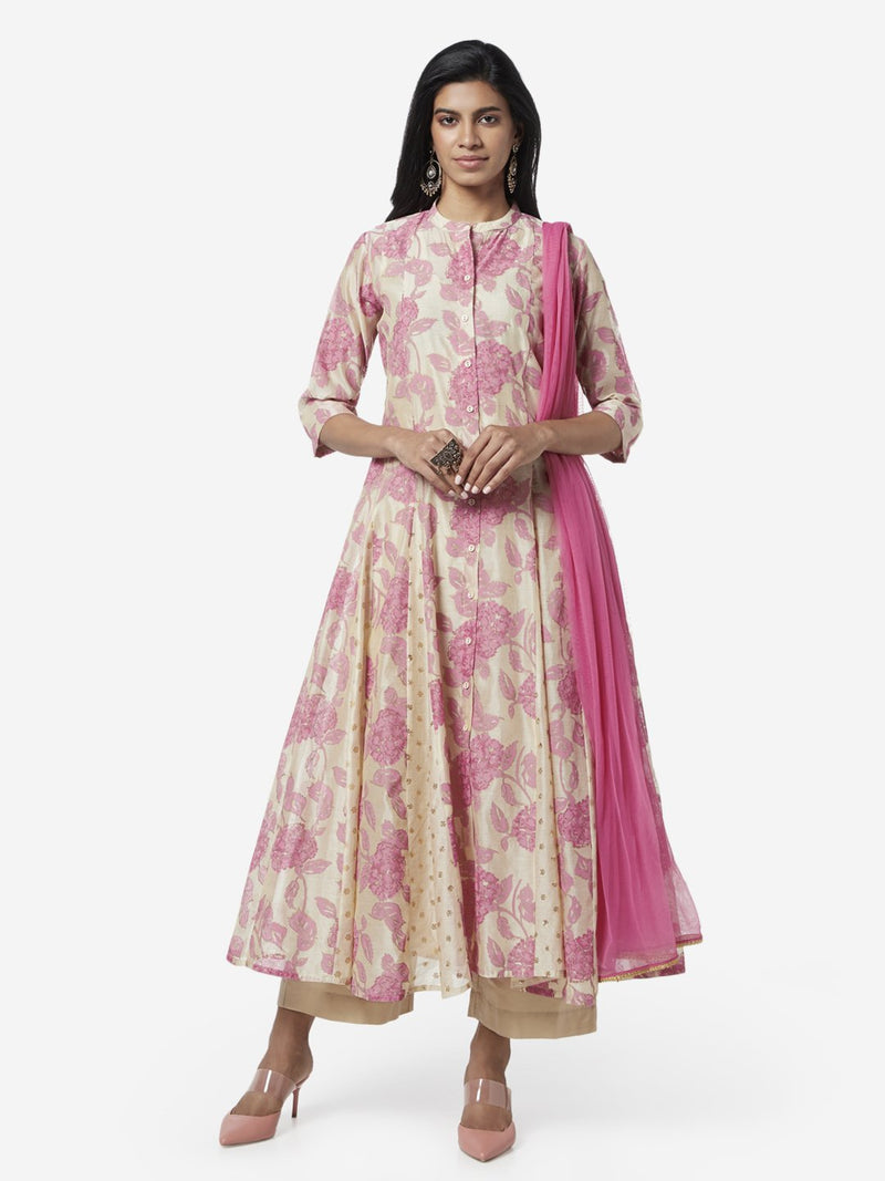 Vark Beige Anarkali Kurta, Dupatta And Palazzos