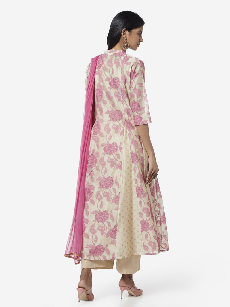 Vark Beige Anarkali Kurta, Dupatta And Palazzos