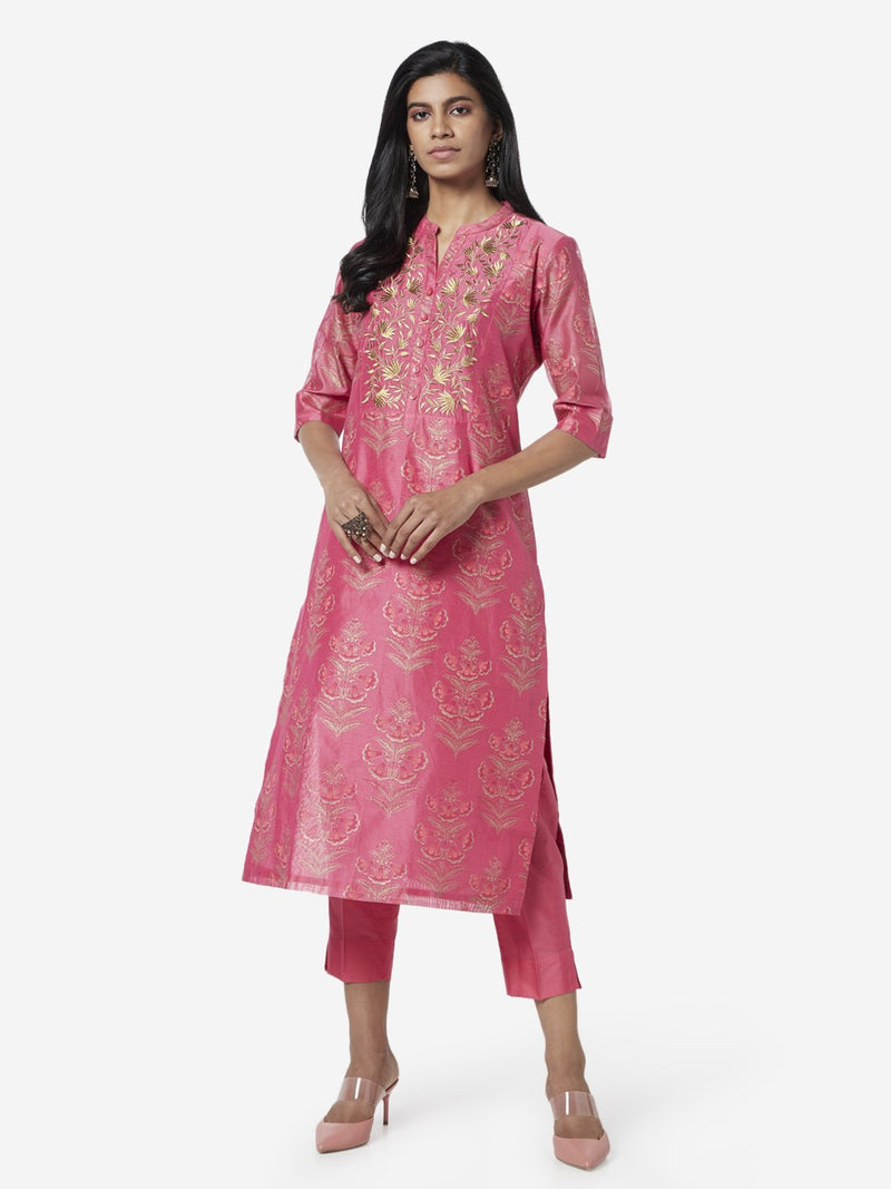 Vark Pink Floral Kurta And Ethnic Pants Set