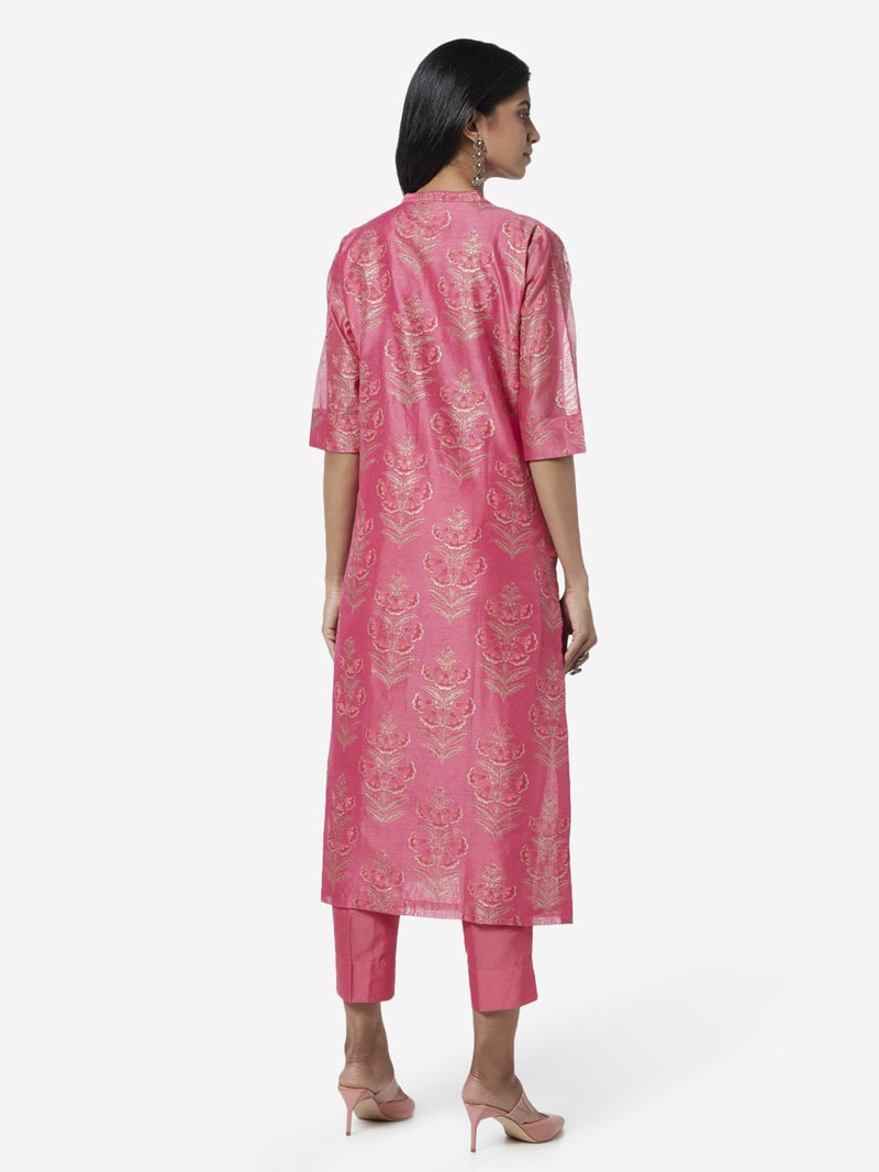 Vark Pink Floral Kurta And Ethnic Pants Set