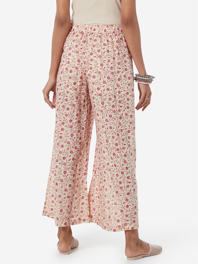 Zuba Beige And Pink Floral Print Palazzos