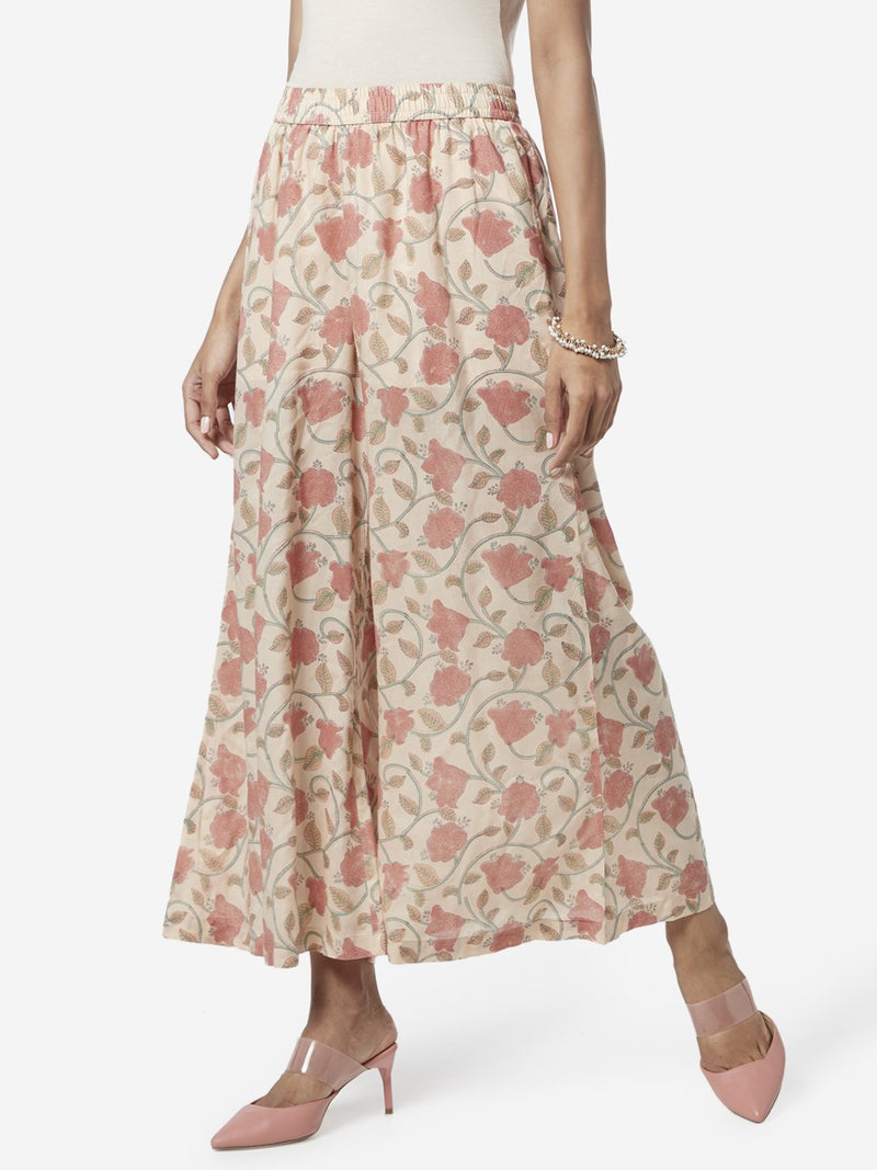 Zuba Peach Floral Print Palazzos