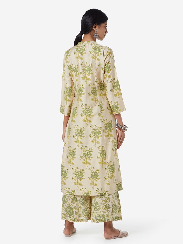 Zuba Beige And Green Floral Print A-line Kurta