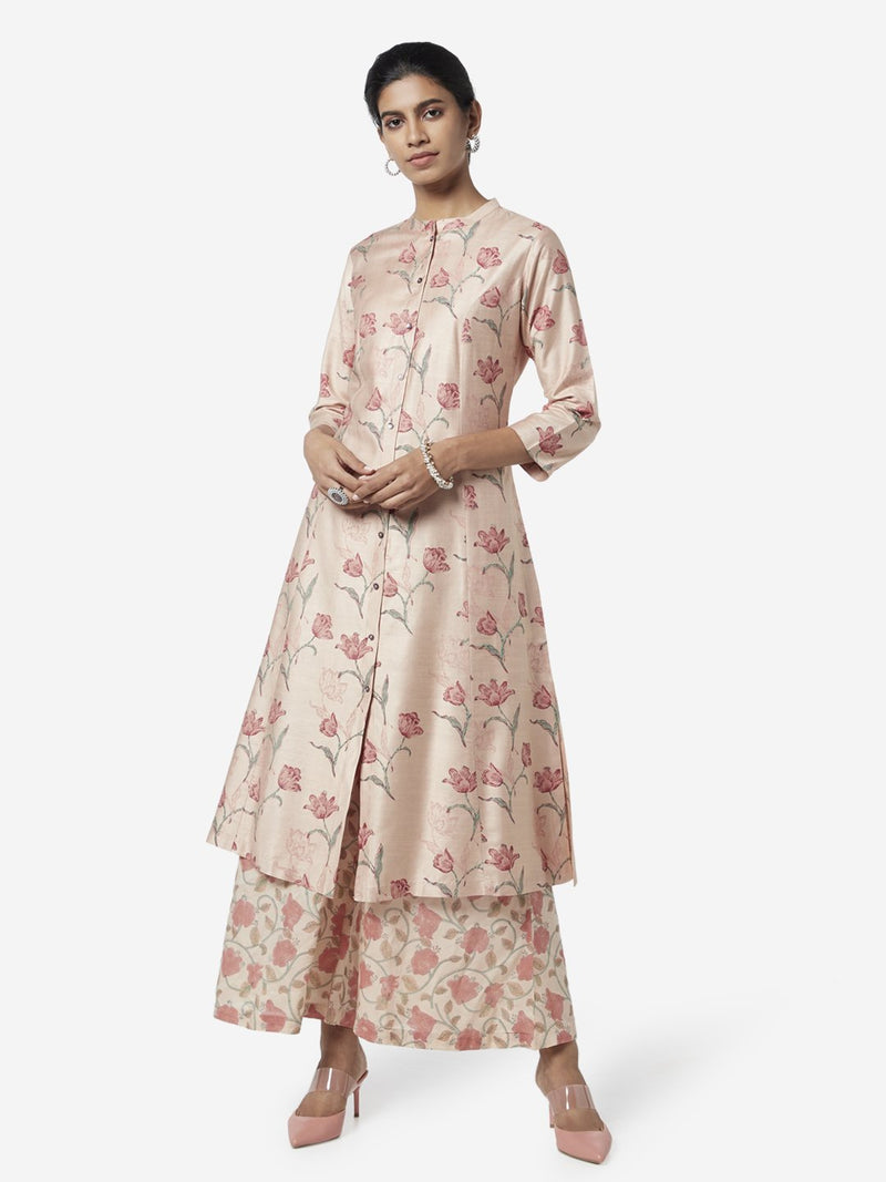 Zuba Peach Flower Print A-line Kurta