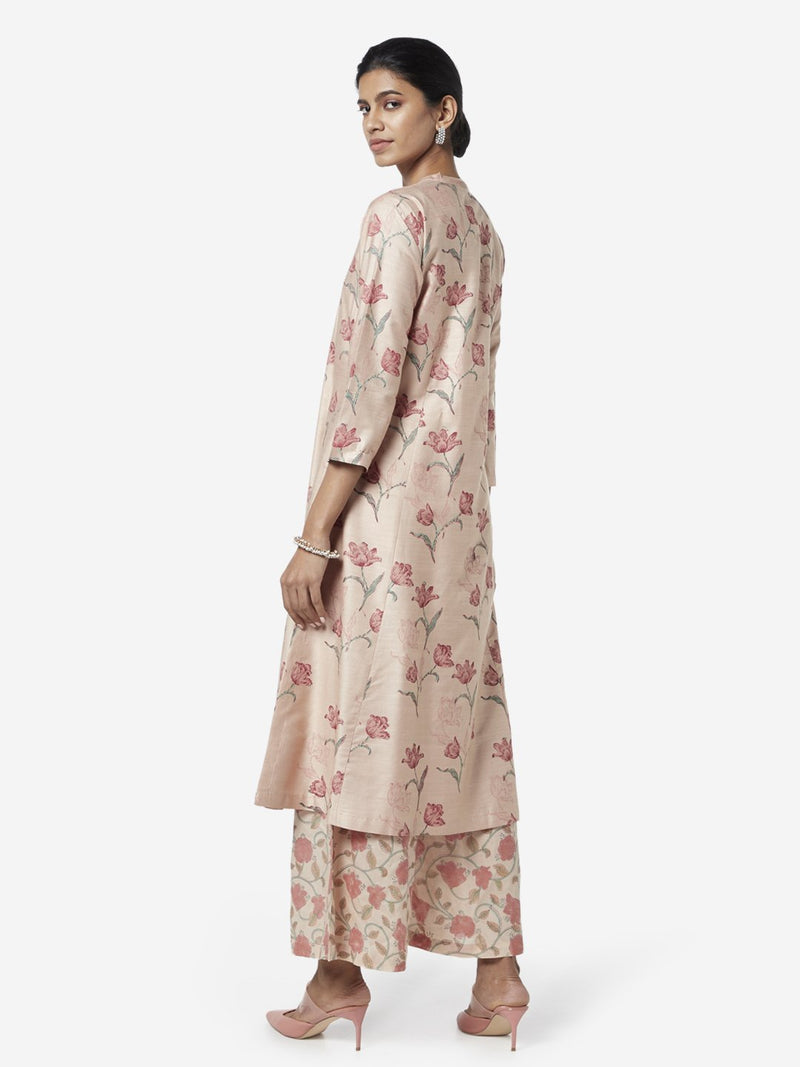 Zuba Peach Flower Print A-line Kurta