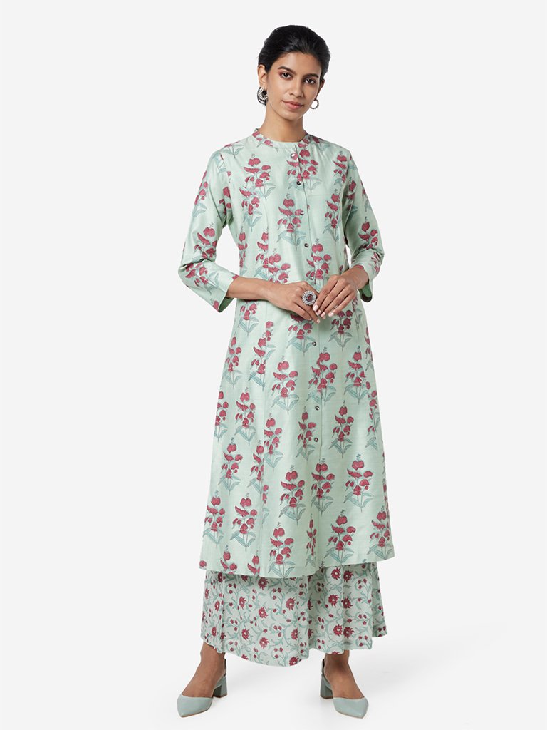 Zuba Mint Green Floral Print A-line Kurta