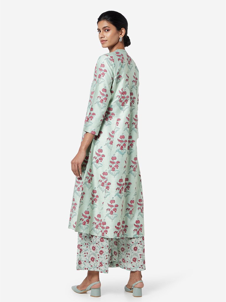 Zuba Mint Green Floral Print A-line Kurta