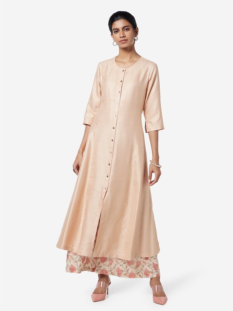 Zuba Peach Self-Textured A-line Kurta