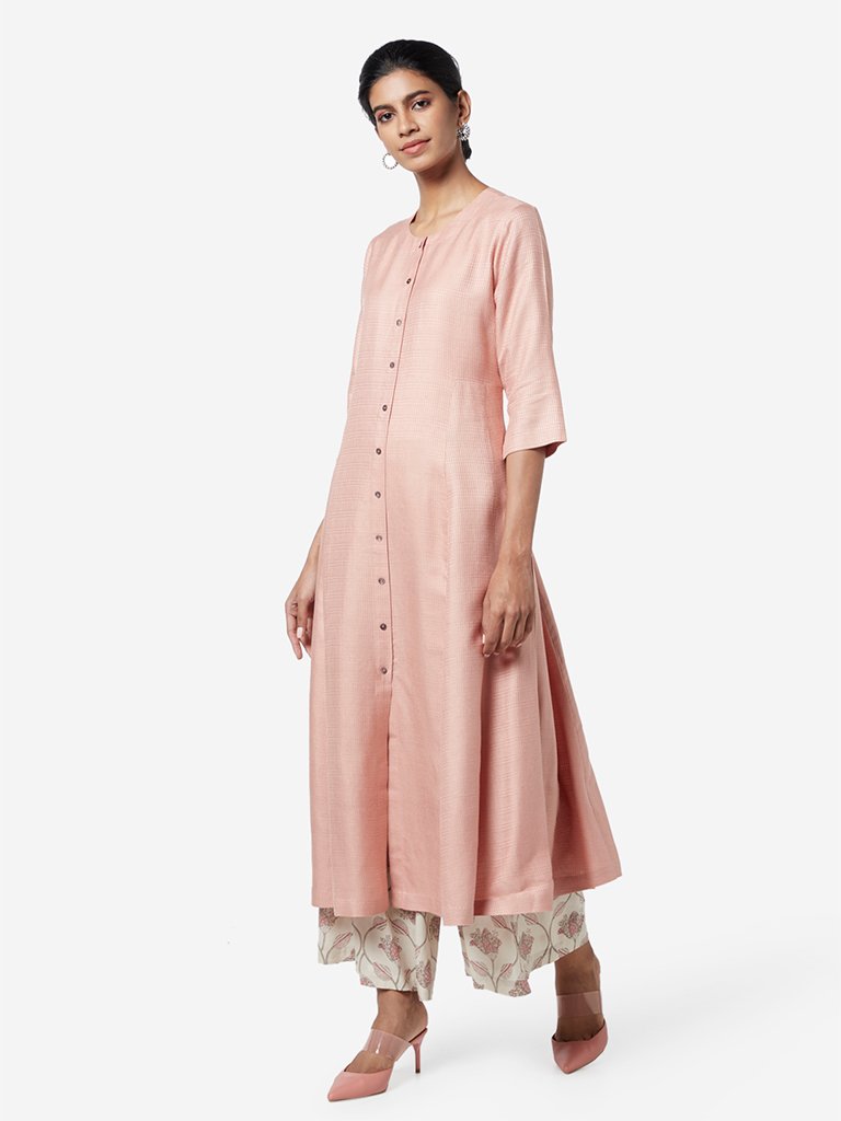 Zuba Pink Self-Textured A-line Kurta