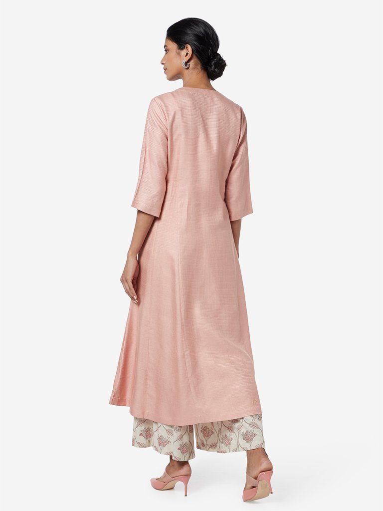 Zuba Pink Self-Textured A-line Kurta