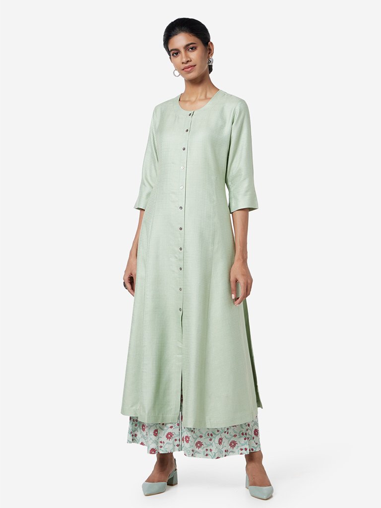 Zuba Light Green Self-Textured A-line Kurta