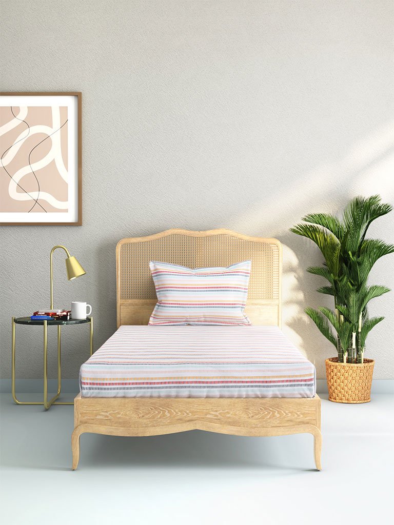 Westside Home Multicolour Striped 144 Thread Count Single Bedsheet With Pillowcase