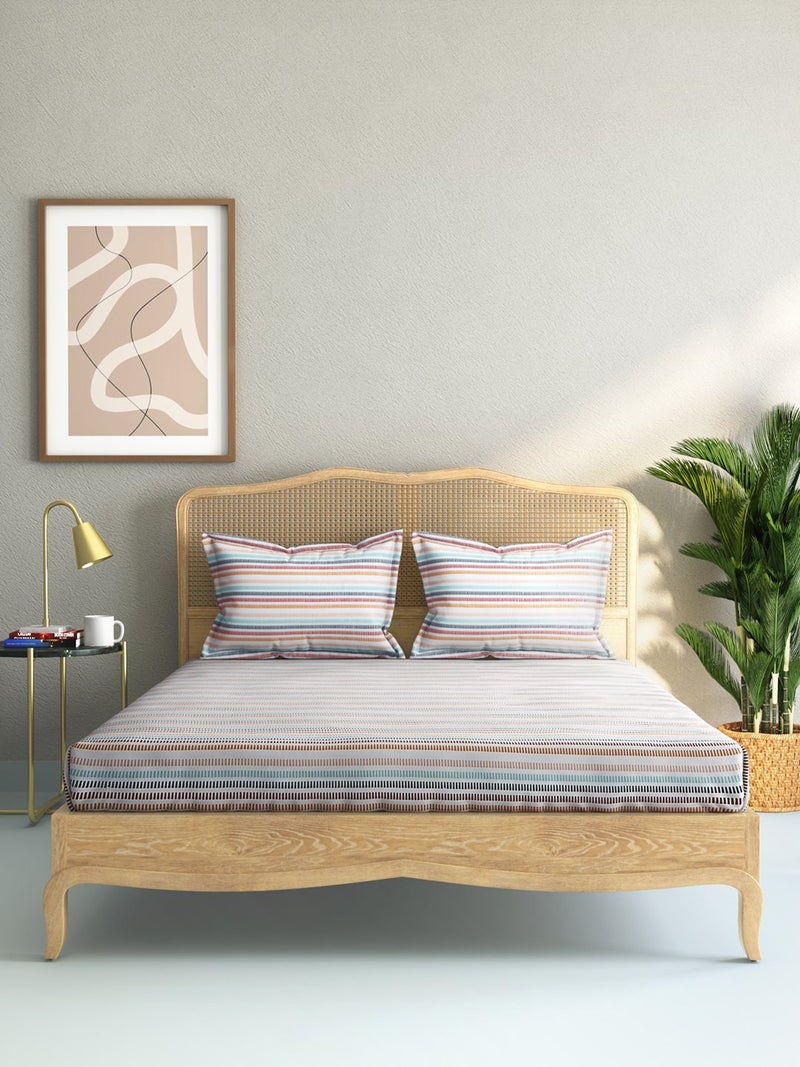 Westside Home Multicolour Striped 144 Thread Count Double Bedsheet With Two Pillowcases