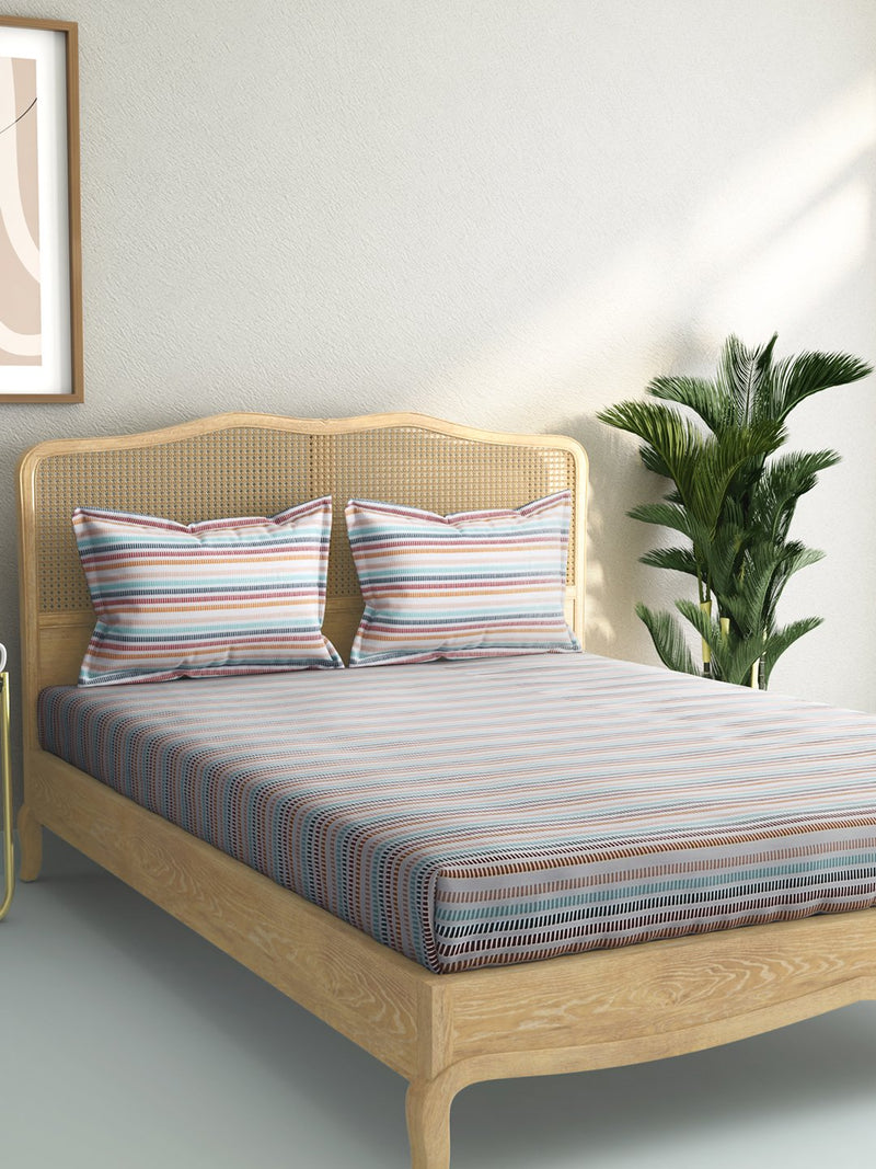 Westside Home Multicolour Striped 144 Thread Count Double Bedsheet With Two Pillowcases