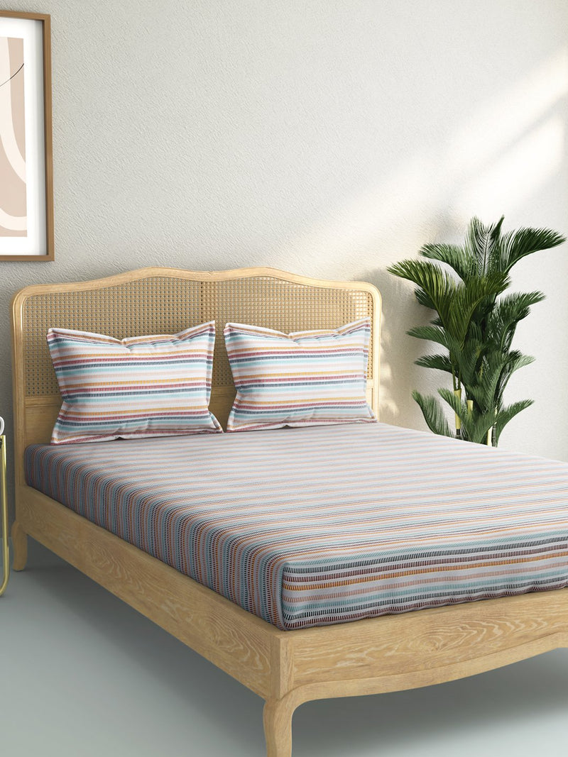 Westside Home Multicolour Striped 144 Thread Count King Bedsheet With Two Pillowcases