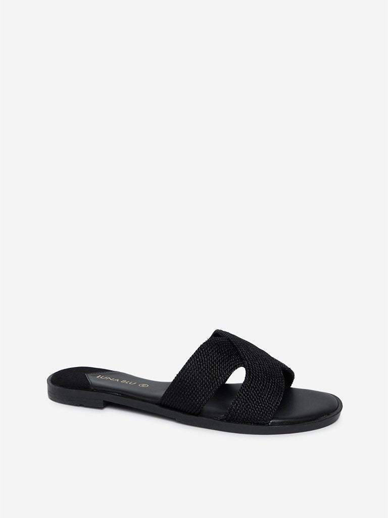 LUNA BLU Black Weave Patterned Slides