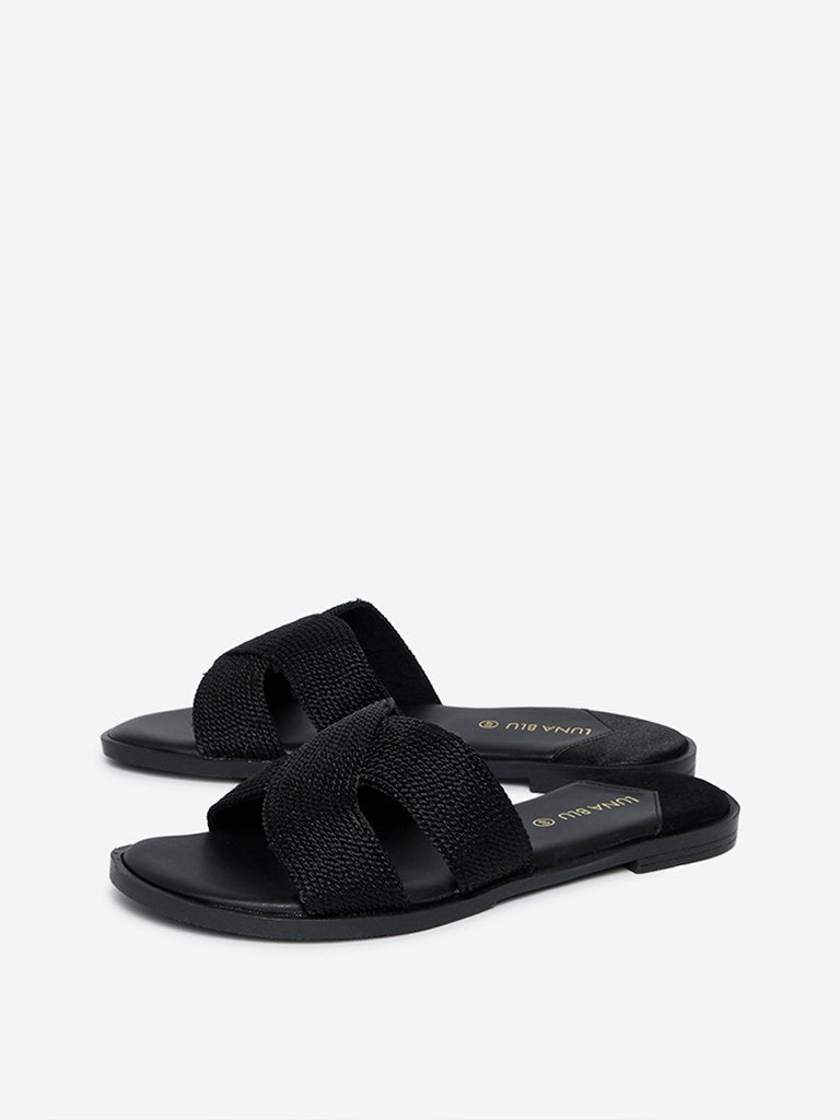 LUNA BLU Black Weave Patterned Slides