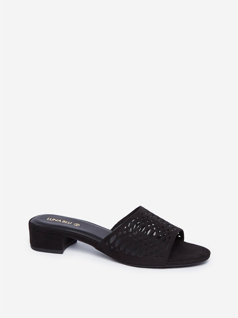 LUNA BLU Black Velveteen Block Heel Sandals