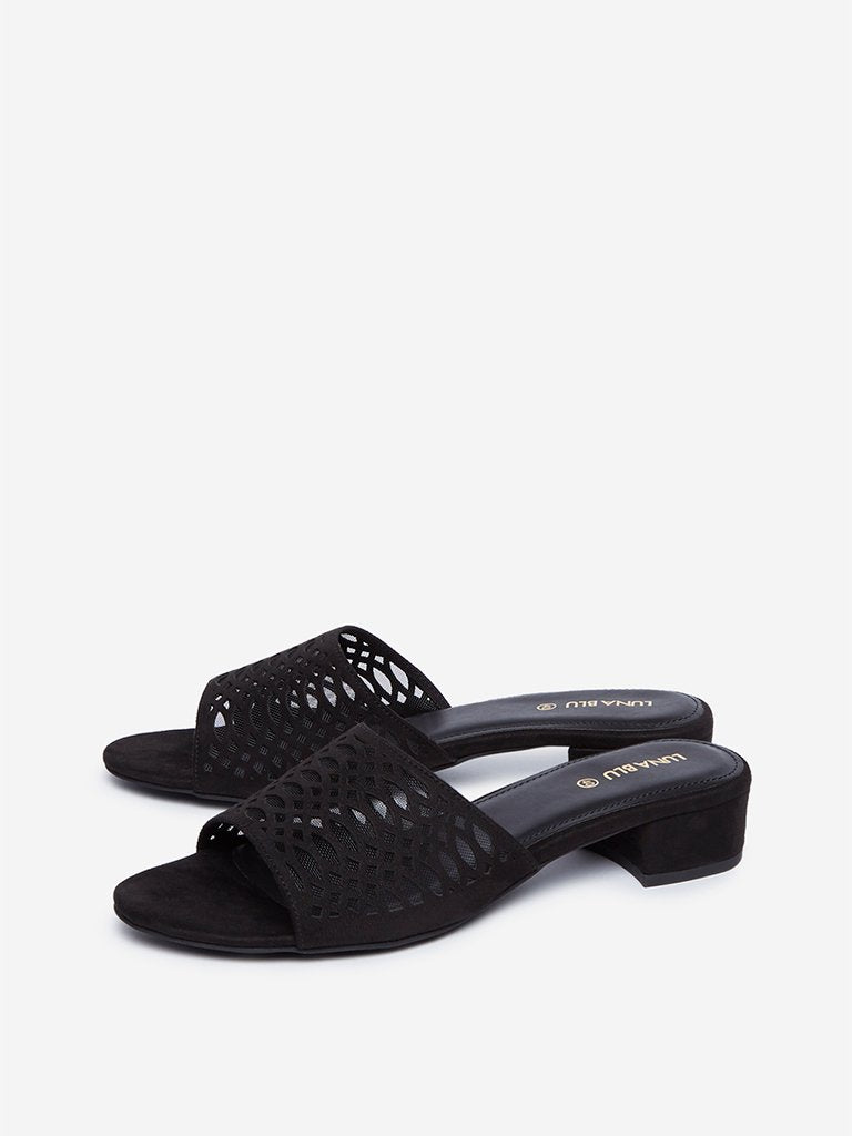 LUNA BLU Black Velveteen Block Heel Sandals