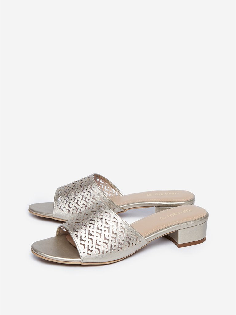 LUNA BLU Light Gold Laser-cut Block Heel Sandals