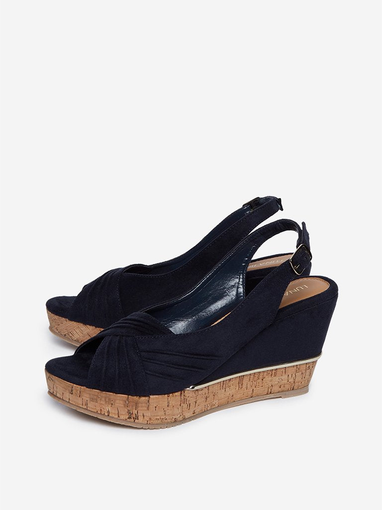LUNA BLU Navy Faux-Suede Wedge-Heel Sandals