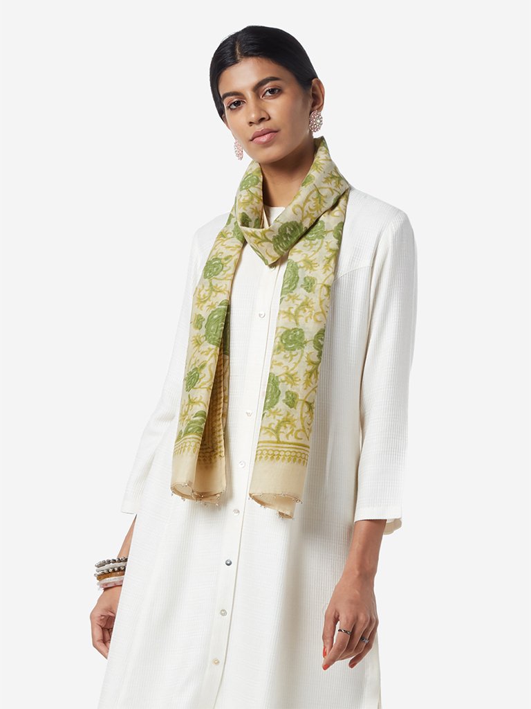 Zuba Green And Beige Floral Cotton-Silk Stole