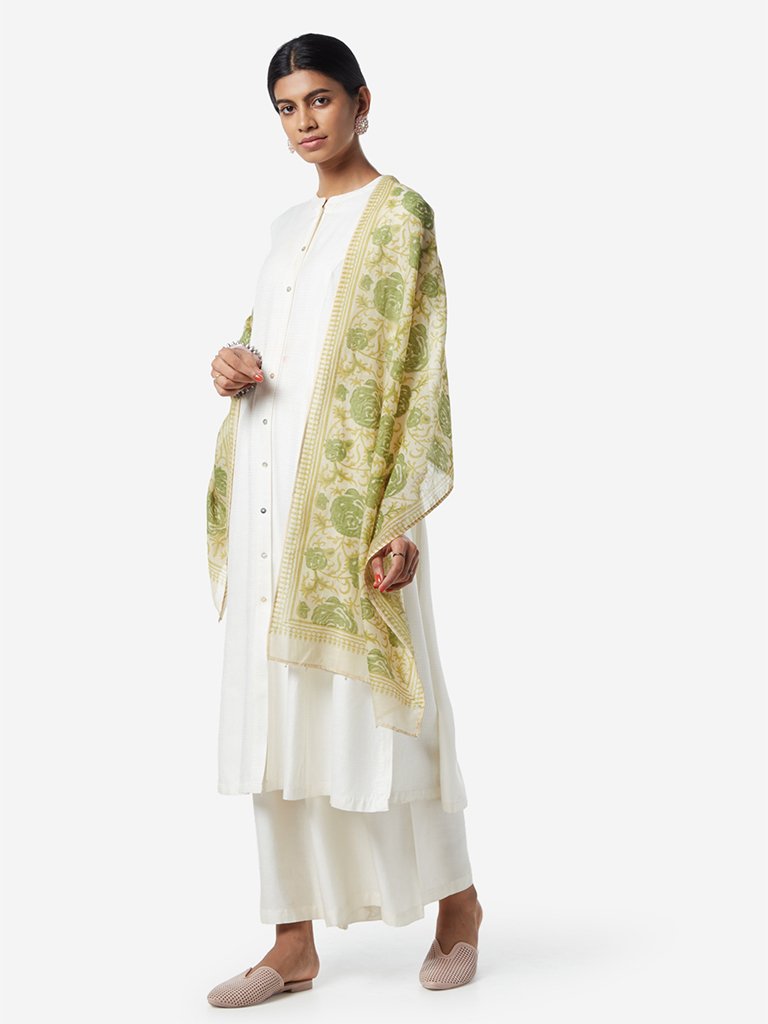 Zuba Green And Beige Floral Cotton-Silk Stole