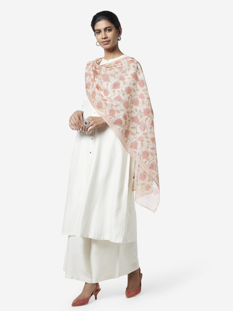 Zuba Peach Floral Printed Cotton-Silk Stole