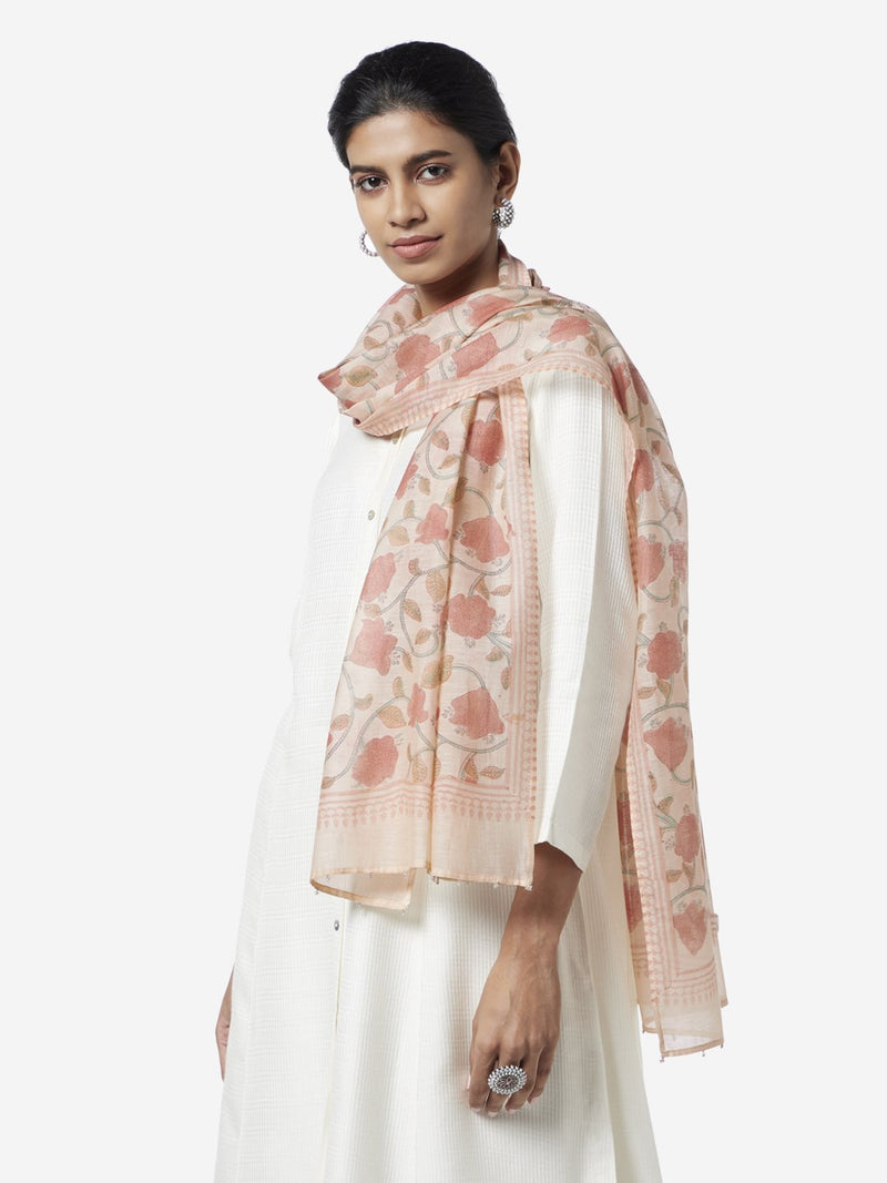 Zuba Peach Floral Printed Cotton-Silk Stole