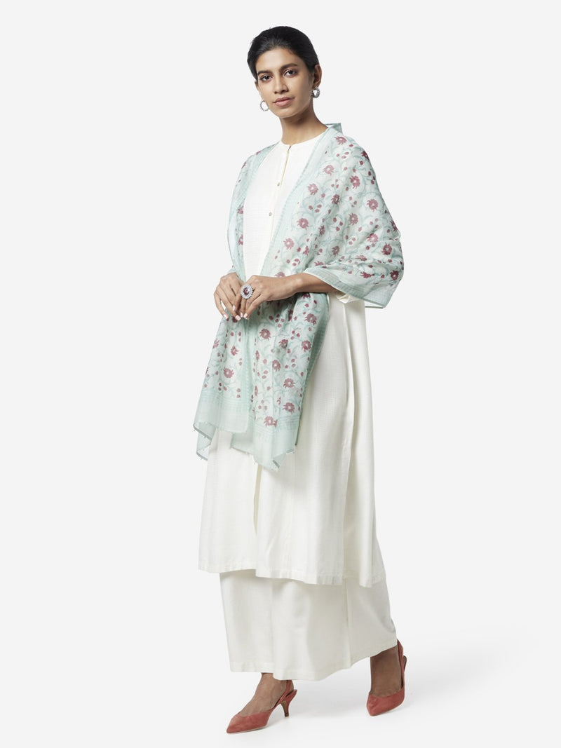 Zuba Mint Flower Patterned Cotton-Silk Stole