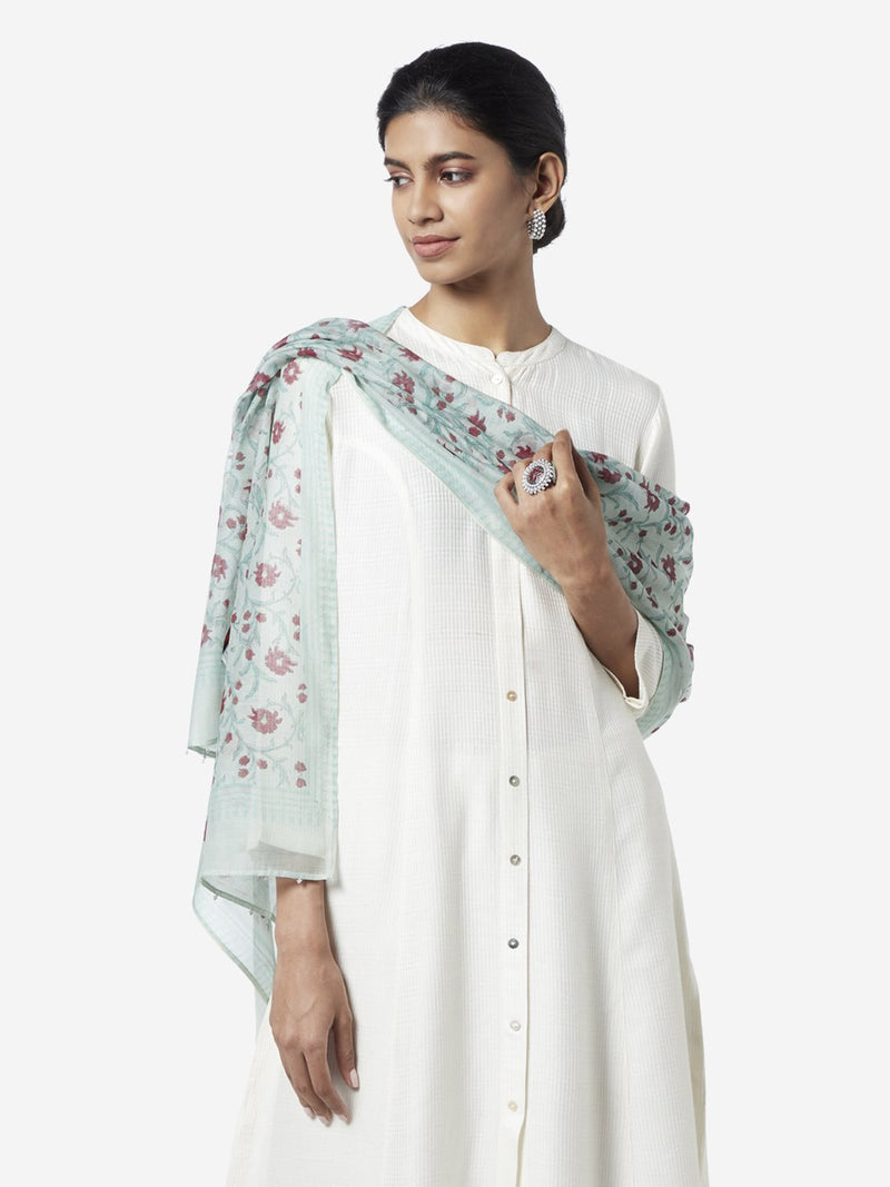 Zuba Mint Flower Patterned Cotton-Silk Stole